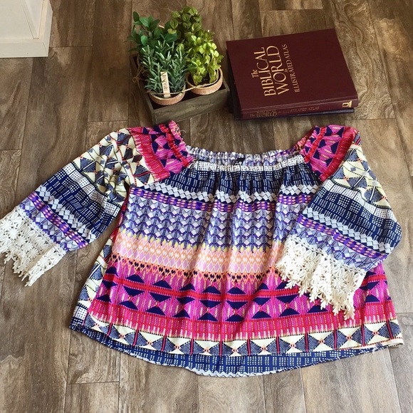 Ing Tops - Bohemian Crochet Cuff Like New Tribal Blouse